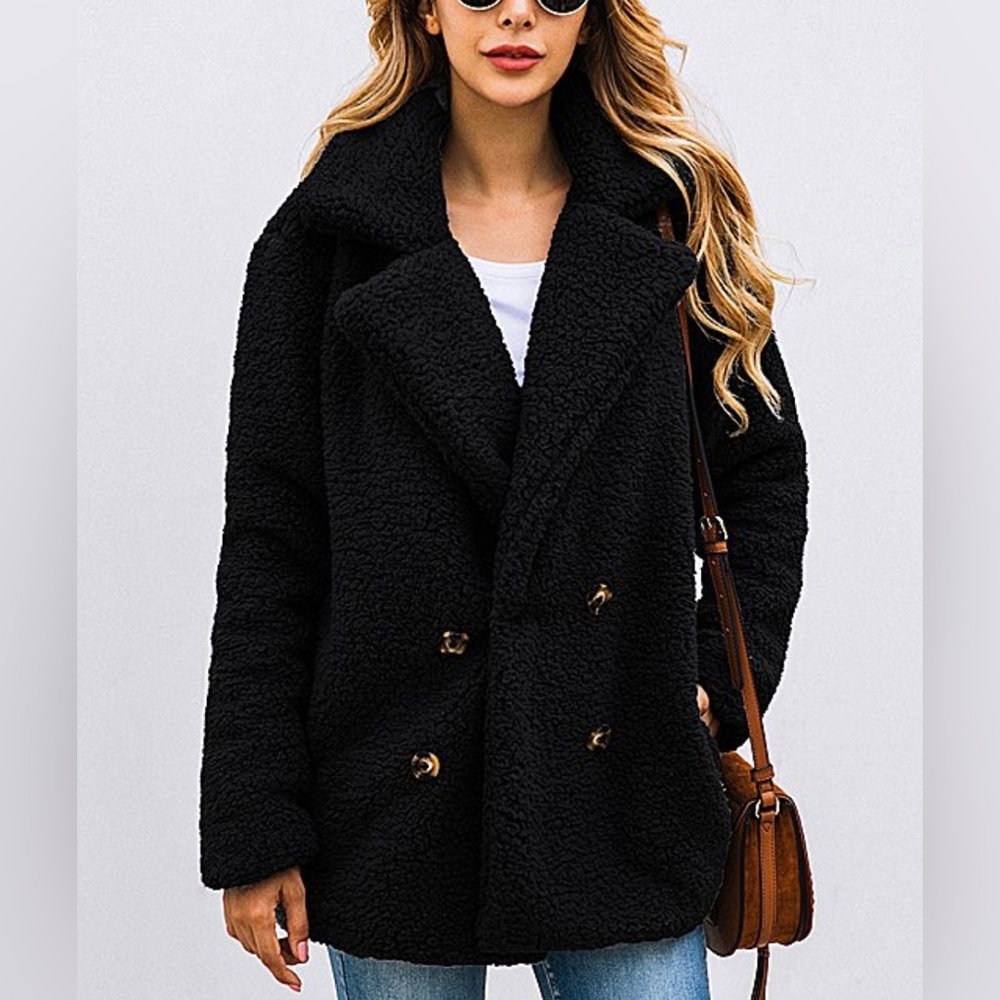 Black Teddy Peacoat Jacket Lightweight Long Sleeve Fluffy Soft Cozy Fall